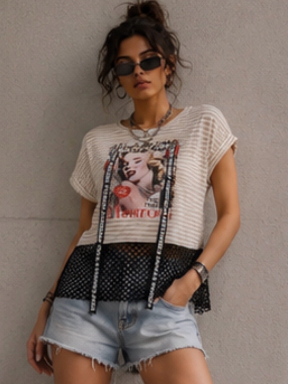 Marilyn Monroe Embellished Graphic Mesh Hem Tunic Top | Eclectic Streetwear